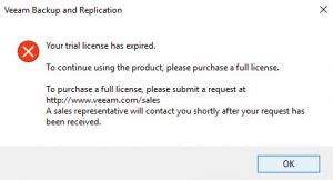 Veeam License Expired Error Message