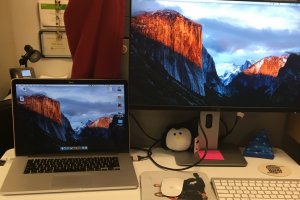 My stand up desk with the Linux Academy Penguin