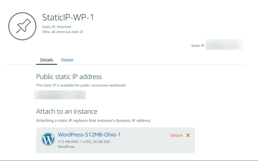 Lightsail Console- Pinned Static IP