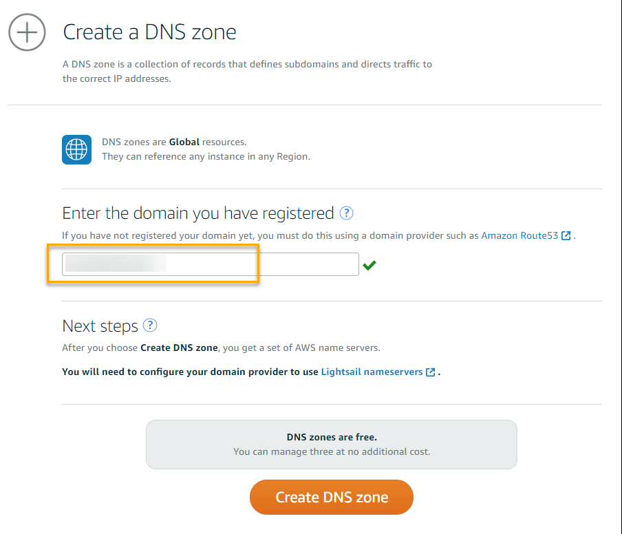 Lightsail Console-Enter Domain Name into DNS Zone